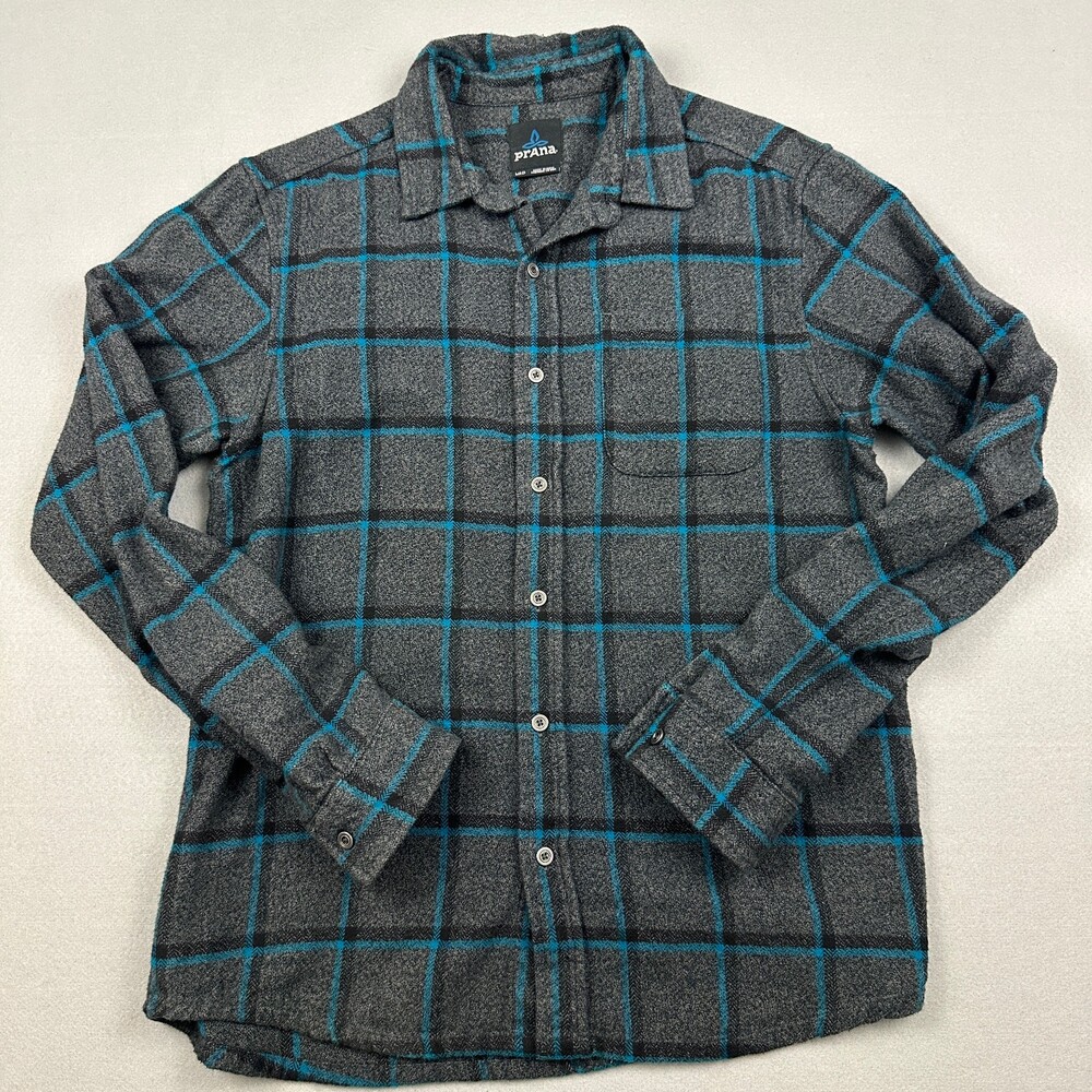 Prana Shirt Men Medium Gray Blue Plaid Long Sleeve Button Up Flannel Pocket M